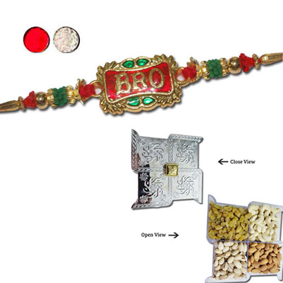 "Rakhi - FR- 8220 A (Single Rakhi), Swastik Dry Fruit Box - Code DFB7000 - Click here to View more details about this Product